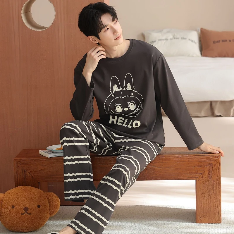 2026 Spring Long Sleeve 100% Cotton Casual Plaid Pajama Sets for Men Korean Loose Sleepwear Pyjama Male Homewear Home Clothes