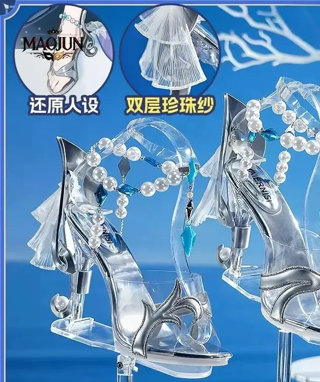 Genshin Impact Voyanisa Cosplay Shoes Elegant Soprano Transparent High Heel Sandals With Pearl Chain Blue Rhinestone Note Heel