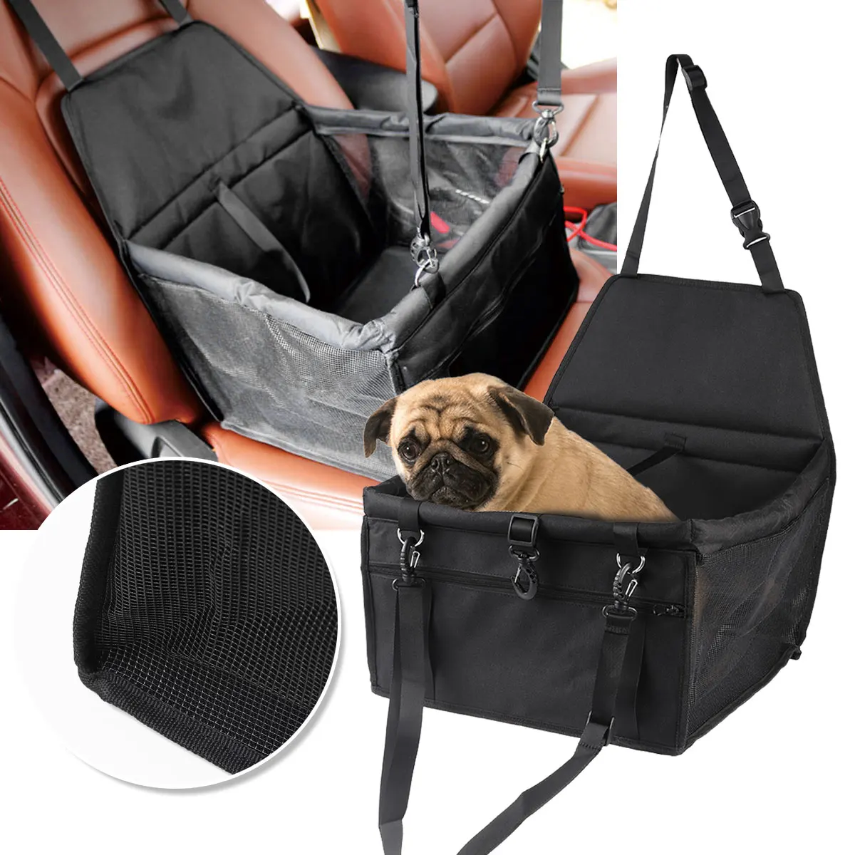 

Pet Car Dog Bag Black Breathable Mesh Waterproof Oxford Cloth Adjustable Safety Leash Front Zipper Storage Protector Travel