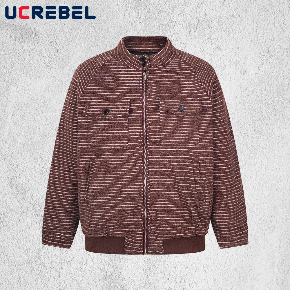 

Multi-Pocket Striped Quilted Jacket Mens Winter Retro Streetwear Loose Long Sleeve Stand Collar Thick Outerwear Man