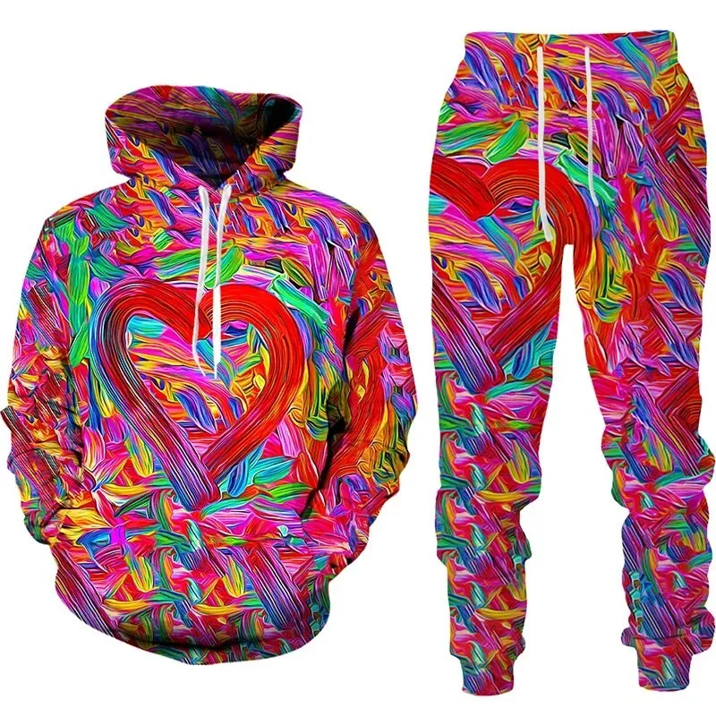 Autunno Love Heart 3D stampato felpa con cappuccio da uomo felpe con cappuccio pantaloni sportivi moda casual due pezzi tuta set abbigliamento uomo