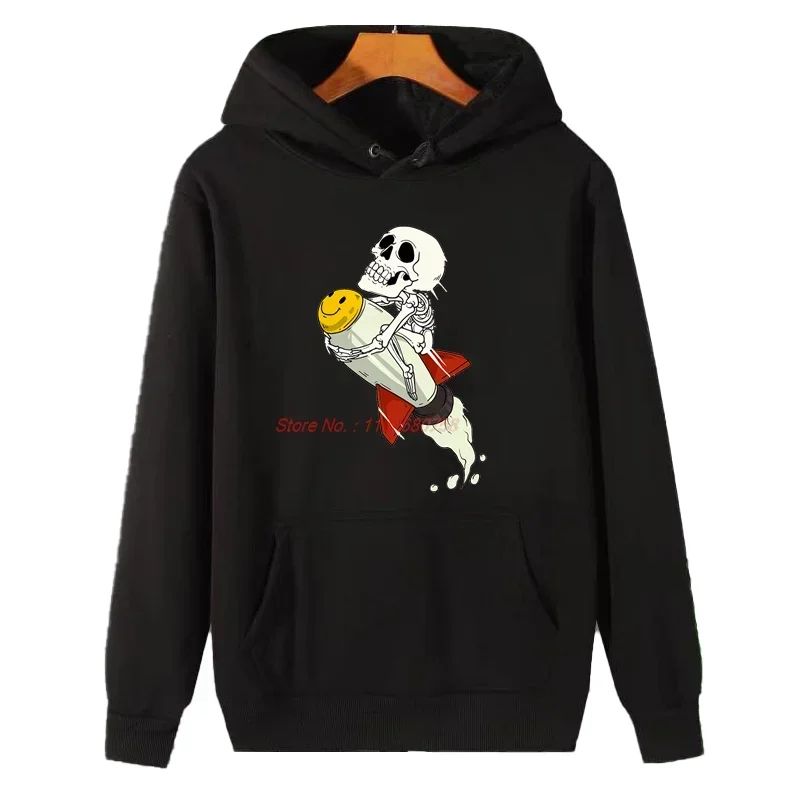 Skeleton That Rides A Rocket Space Astronaut Funny Graphic Hooded Sweatshirts Casual Winter Thick Sweater Hoodie Fleece Hoodie