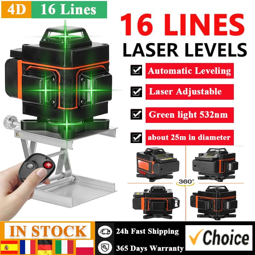 4D 16 Lines Laser Level Green Beam Lines Multi Function 360°*4 Remote Control with 3000mAh Li-ion Battery for Tiles Floor