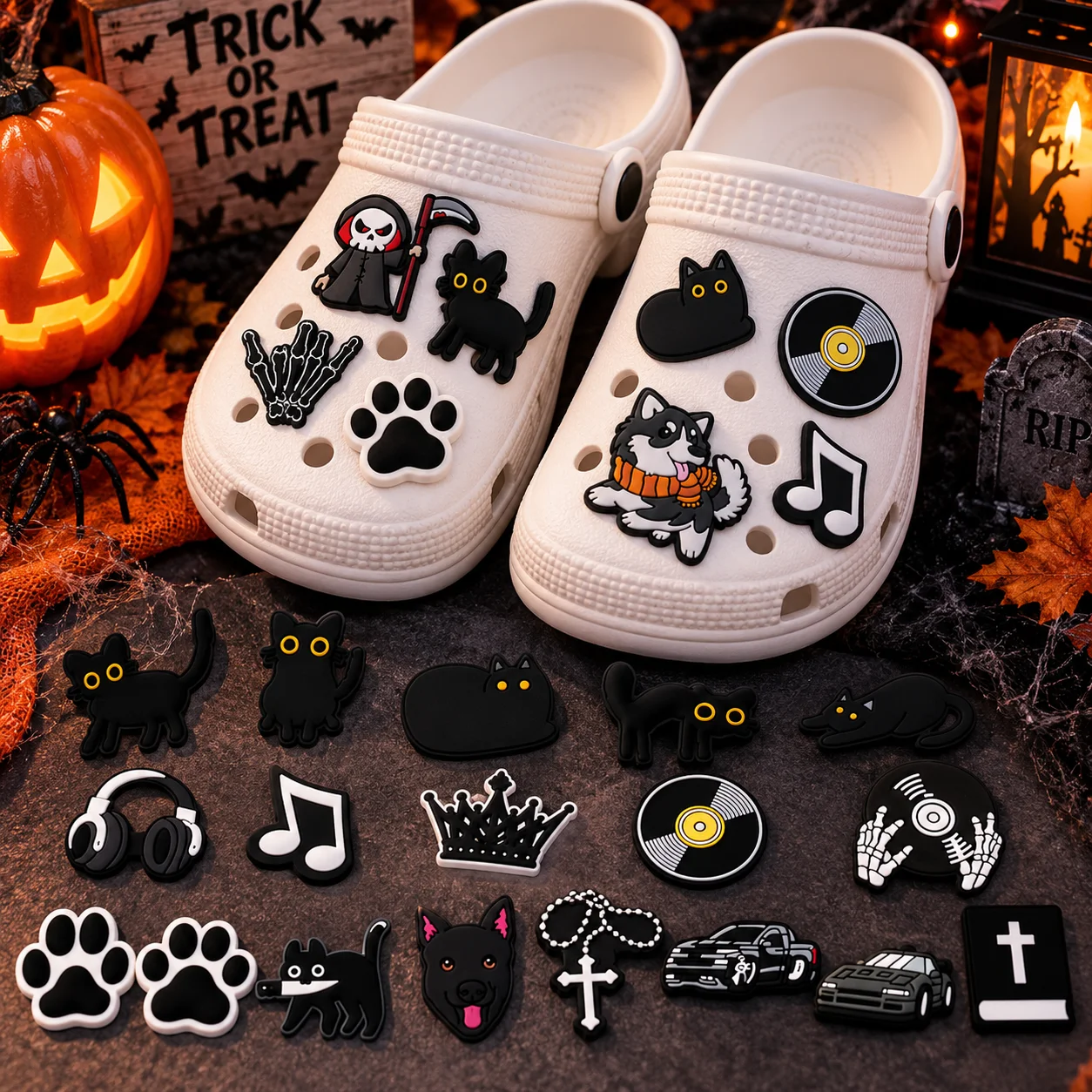 1/25PCS Halloween Gothic Black Cat Shoe Charms Set Skeleton Paw Music PVC Pins for Clogs Spooky Party Accessories Gift for Teens