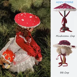 Lolita Cosplay Accessories Burgundy Mushroom Hats Bucket Cap Cute Umbrella Bb Mushroom Hats for Women and Children