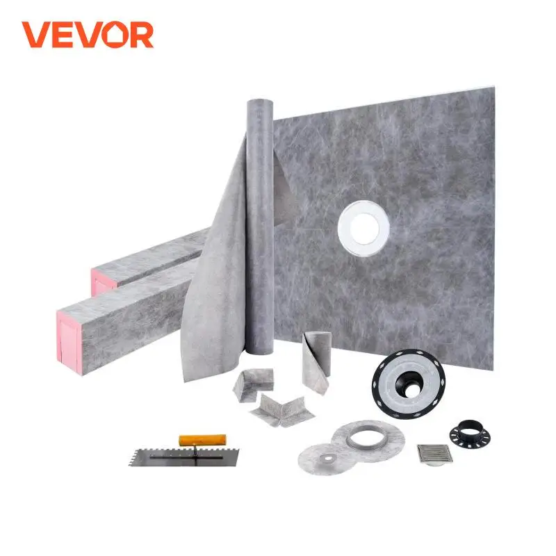 VEVOR Waterproofing Shower Kit 48''x48'' Shower Kit Tray With Central Drain PVC/ABS Stainless Steel Grate 2 Cuttable Shower Curb