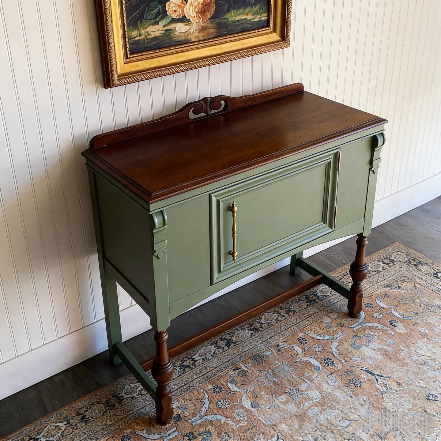 American retro entrance cabinet solid wood carving flower storage green door panel dining side cabinet