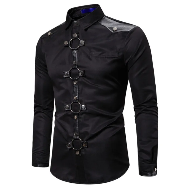 #4753 Streetwear Shirt Mannen Lange Mouwen Gothic Stijl Klinknagel Effen Kleur Heren Shirt Slim Feest Zangeres Podium Shirt Man Zwart Rood