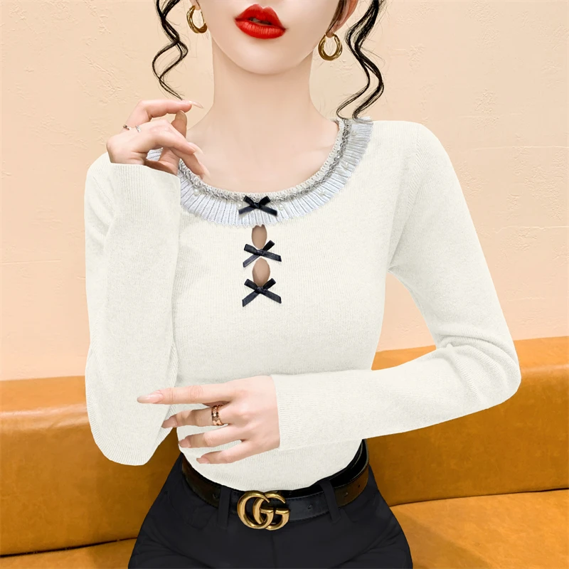 여성용 레이스 트림 매듭 장식 홀 니트웨어 슬림핏 베이스 스웨터 탑 한국 스타일 출퇴근 패션