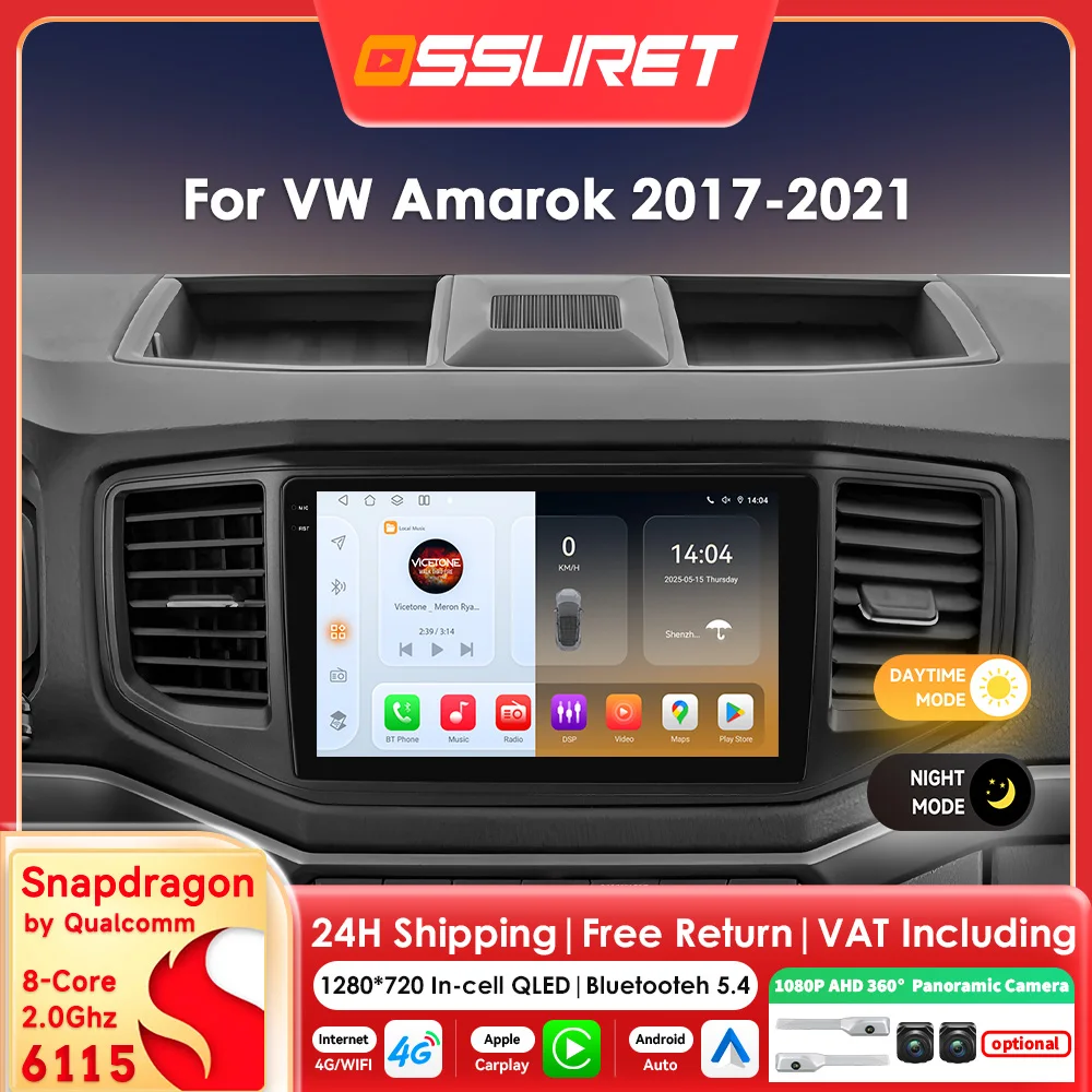 9"2DIN Carplay Android14 Autoradio für Vw Amarok 2017 2018 2019 2020 2021 Multimedia von Snapdragon 6115 Autoradio 360 Cam Bildschirm