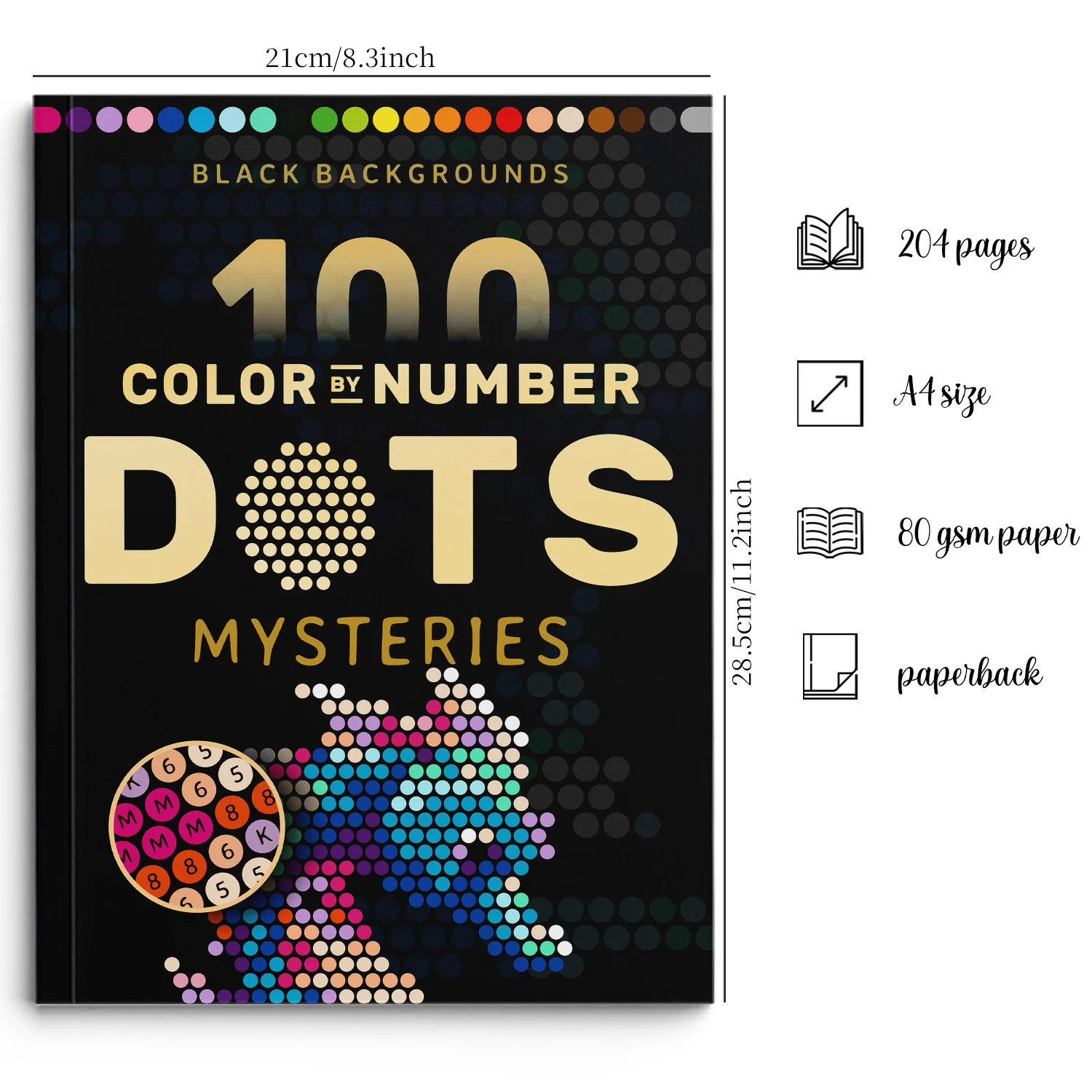 100 Color by Number Dots Mystery Coloring Book for Adults Black Background Single-Sided Relaxing Puzzle Art