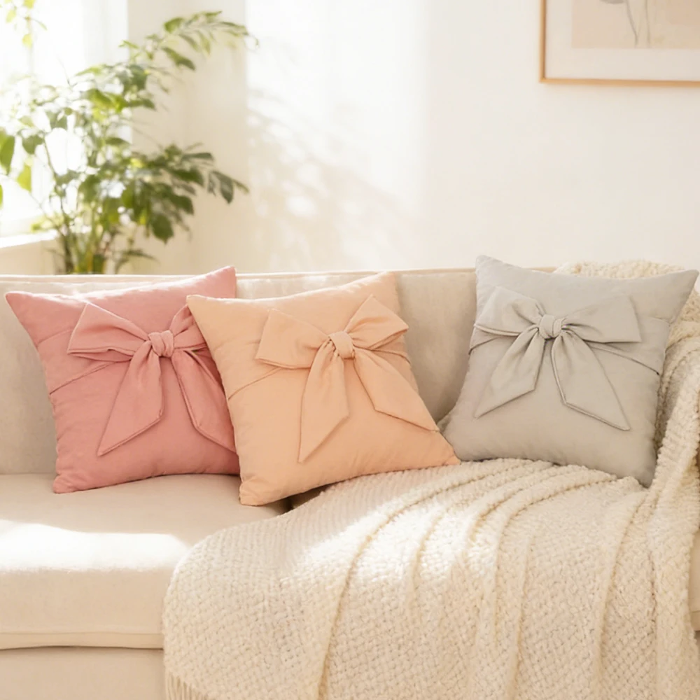 BUYNOW 1 x weiche Dekor-Kissenbezüge mit eleganten Schleifenakzenten für Wohnzimmer, Schlafzimmer, Sofa, Stuhl, Fenster, Heimdekoration, Kissenbezüge
