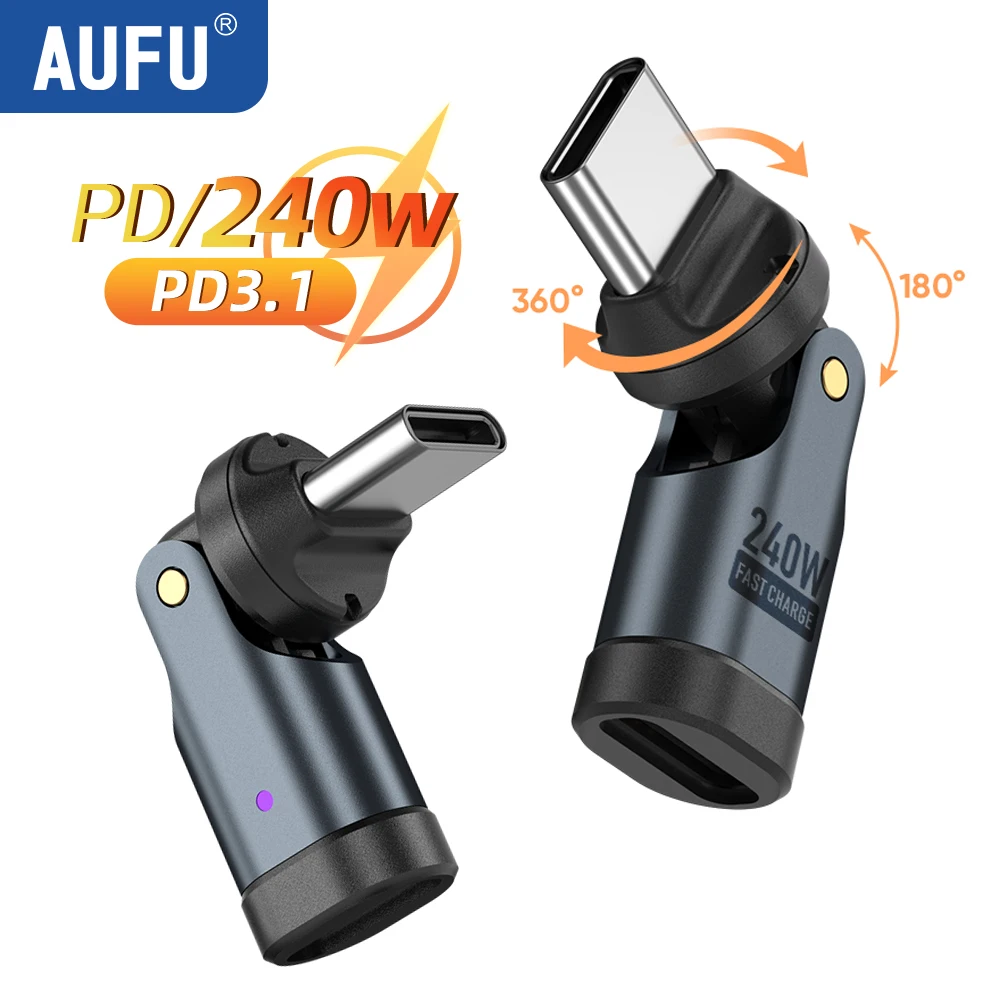 AUFU 540 회전 USB C에서 C 타입 OTG 어댑터, 고속 충전 케이블 컨버터, 아이폰 16, 맥북, 삼성, 샤오미, PD240W, USB3.1, 5A