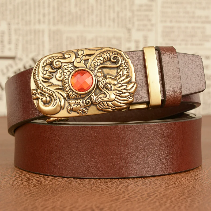 Ethnic style dragon spitting pearl inlaid gemstone automatic buckle men's belt two-layer cowhide casual belt men's personalized