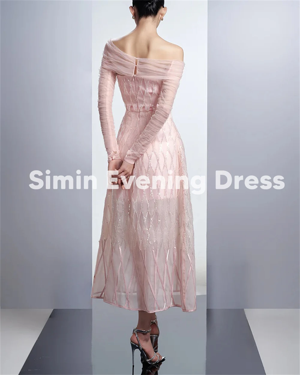 Simin Women's Sparkly Lace A Line Boat-neck Saudi Evening Dresses With Long Sleeves Tea-Length Formal Elegant Dresses 2025