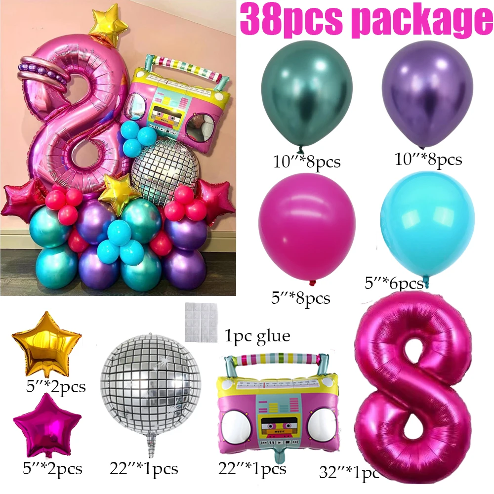 38pcs 80s 90s Retro Theme Radio Foil Balloons Set with 32inch Rose Red 0-9 Number 4D Disco Ball For Hip Hop Birthday Party Decor