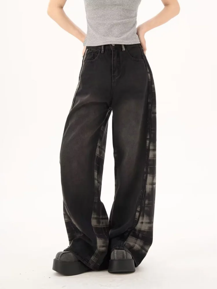 

2025 г. Американский ретро стиль Y2K в стиле пэчворк, черные мешковатые женские джинсы, брюки с широкими штанинами, женская одежда, джинсовые брюки, Ropa Mujer