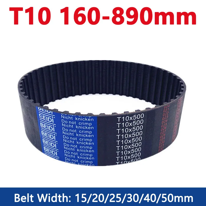 1pcs 160-890mm T10 Rubber Timing Belt Closed Loop Synchronous Belt Width 15/20/25/30/40/50mm Pitch 10mm Perimeter 160 260-890mm