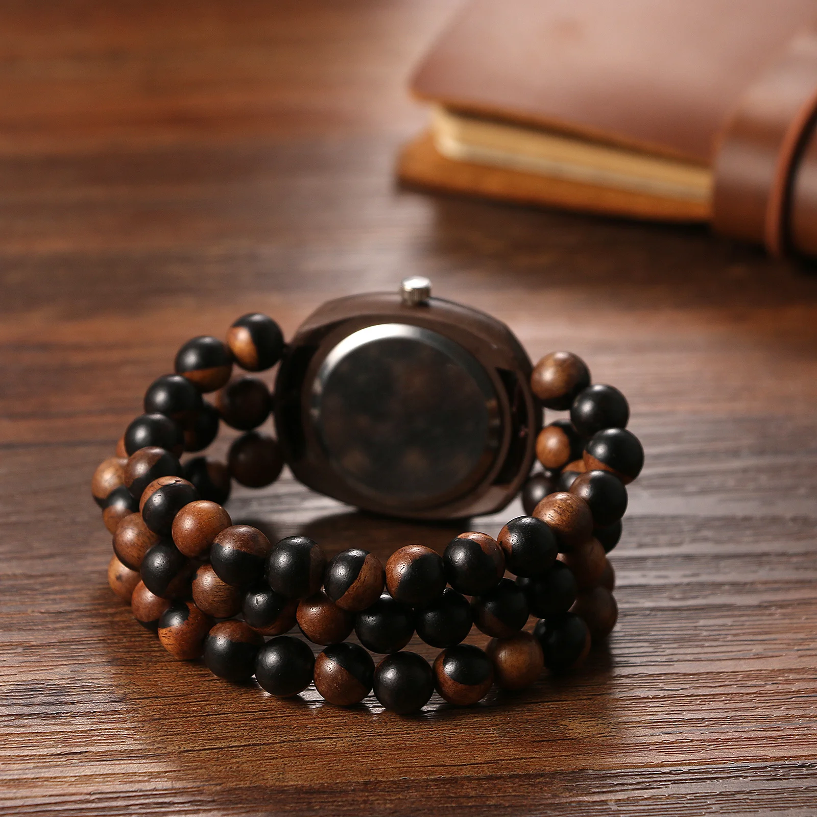 FLONGO Womens Tonneau Analog Quartz Watch Handmade Natural Wood Bead Stretch Strap Arabic Numerals Stress Relief Mala Band