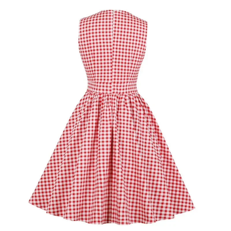 2024 New Casual Vintage Plaid Dress Women Print Bow Pockets Pin Up Vestidos Summer A-Line Cotton Party Dresses Women's Clothing