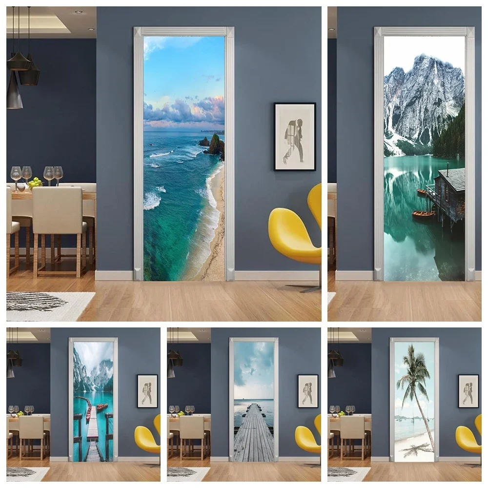 Beach Lake Landscape Door Sticker Wallpaper Peel And Stick 3D Nature Mountain Door Poster Sticker for Bedroom Living Room Decor