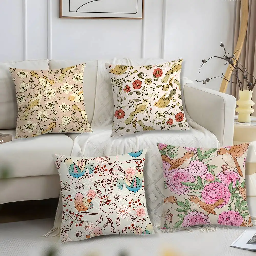 Kissenbezug mit Vögeln, Schmetterlingen und Blumen, kurzer Plüschdruck, quadratischer Kissenbezug, Sofa-Heimdekoration