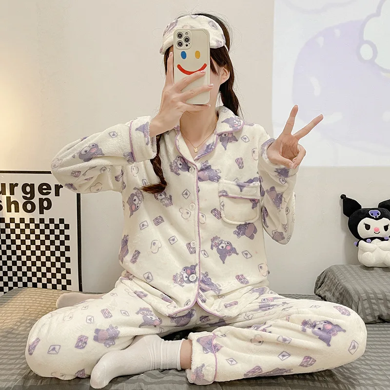 2 uds Anime Kuromi Melody Hello Kitty 2 uds conjunto de pijamas para mujer niñas forro polar Coral grueso cálido moda Kawaii ropa de casa para estudiantes