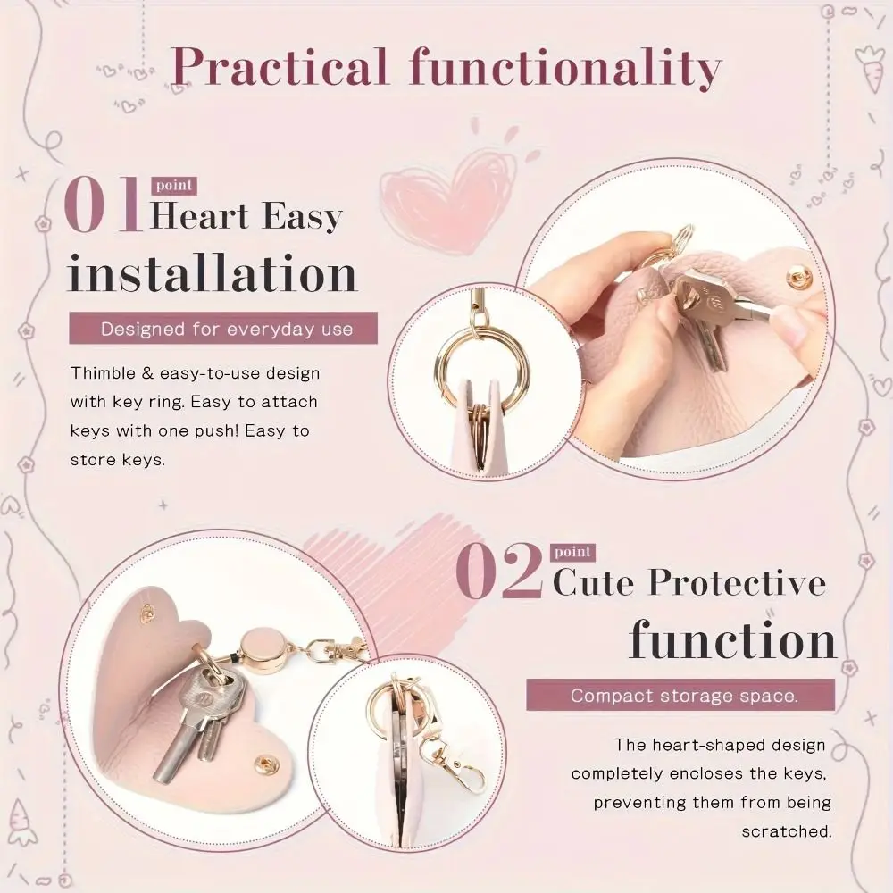 Fashion PU Leather Heart Shaped Keychain Retractable Buckle Bag Accessory Key Storage Bag Solid Color Car Key Holder Gifts
