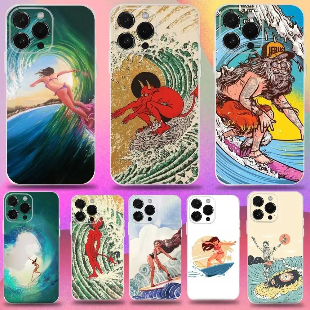 

Surfboard Surfing Art Phone Case For iPhone 16,15,14,13,12,11 Pro,Max,Plus,X,XS,XR,SE,Mini Transparent Silicone Soft