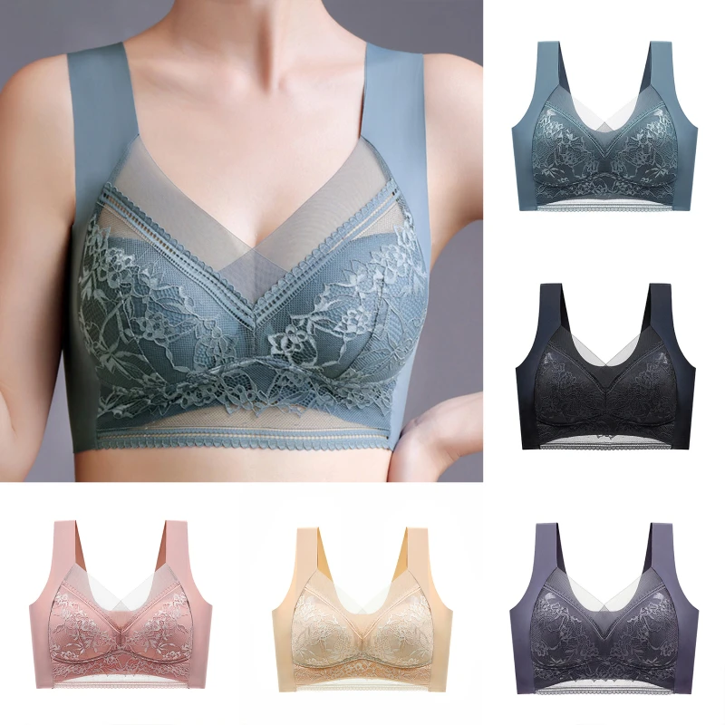 Women Lace Bras Perspective Full Cup Solid Color Ladies Brassiere V-Neck Seamless Crop Top Female Push Up Breathable Lingerie