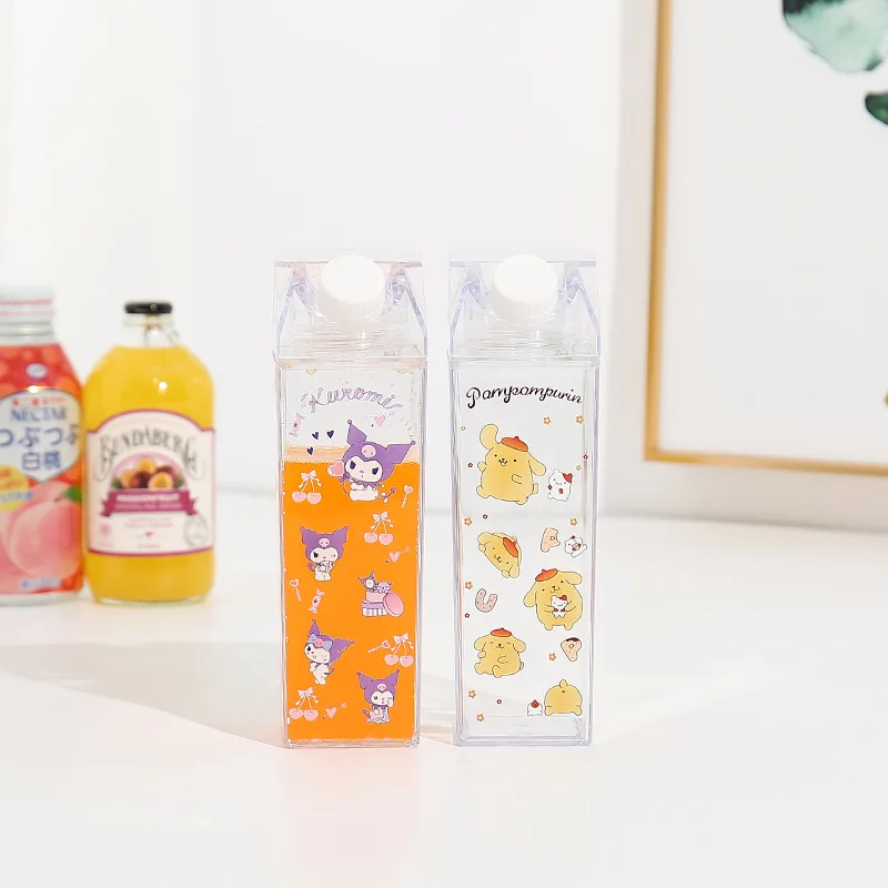 1000Ml Cartoon Sanrios Kittys Kuromi Cinnamoroll My Melody Kawaii Transparent Water Bottle Milk Carton Shaped Juice Box Kid Gift