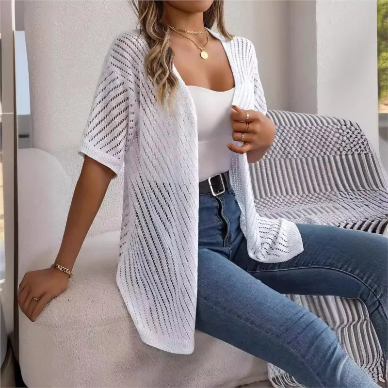 

Summer New Hollow Out Short Sleeved Knitted Cardigan Vacation Sunscreen Shirt For Women's Clothing Solid Color Versatile Clothes