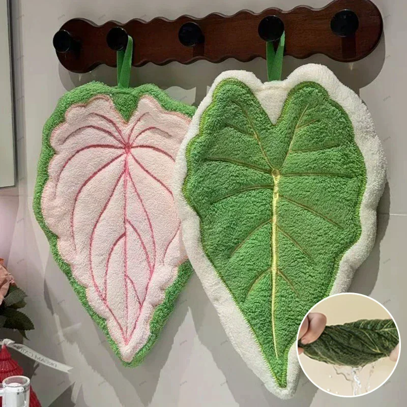 Hot Plant Leaves Hot Plant Cartoon Hand Towel Double-Layer Absorbent Thickened Quick Drying With Hanging Design Bathroom Kitchen