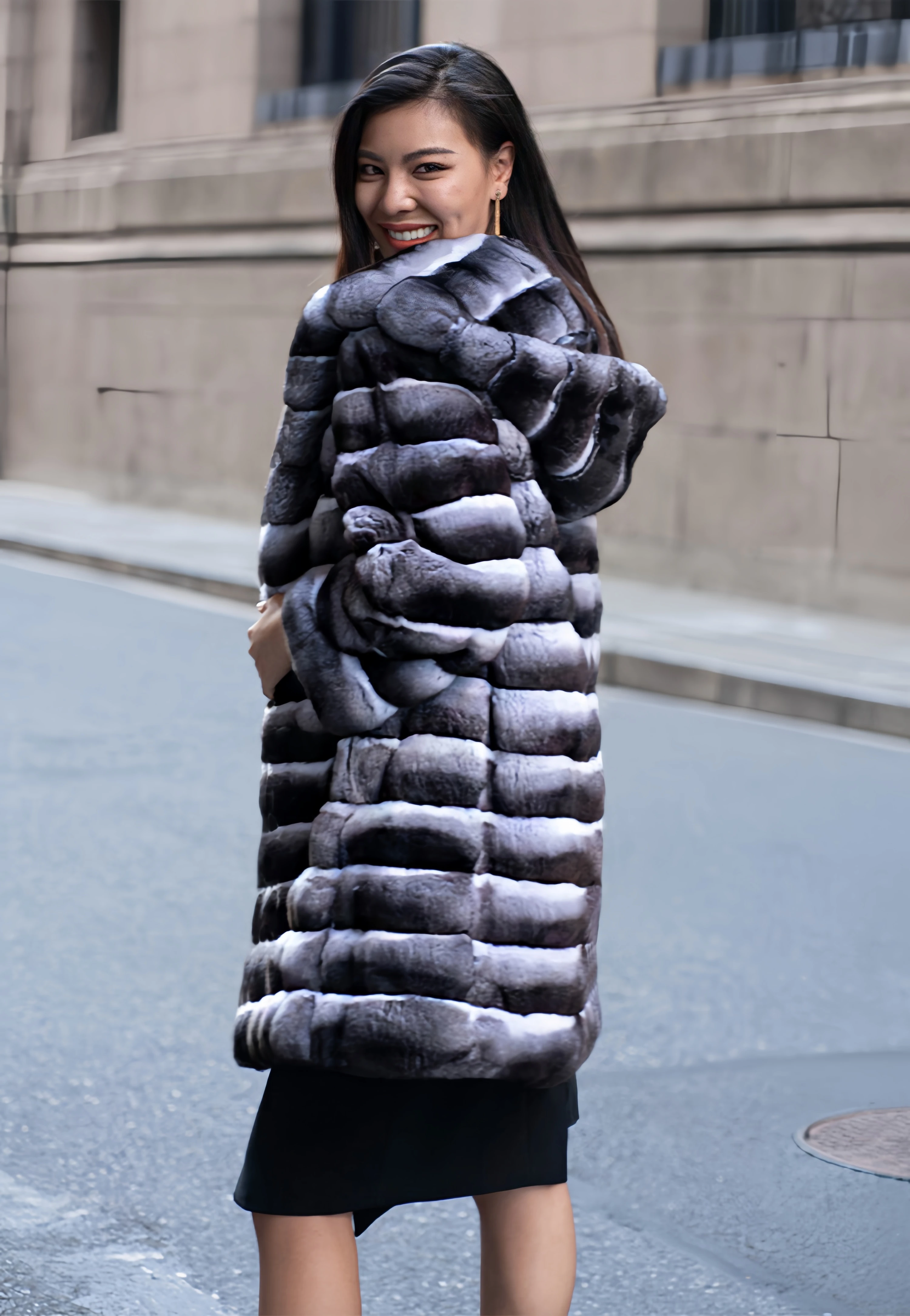 Женская мода Длинное пальто из искусственного меха Женское пальто с длинным рукавом Модное пальто из искусственного норкового меха с лацканами