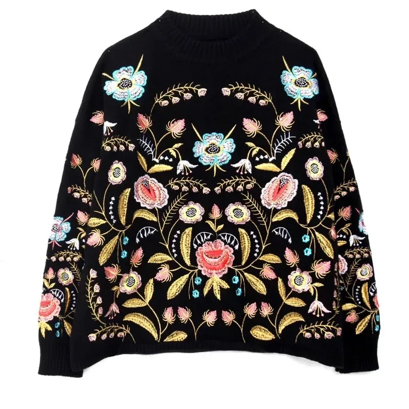 2024 Vintage Pullover Sweater Embroidered Round Collar Top Loose Autumn/winter Pullover Long-sleeved Women's Fashion Sweater