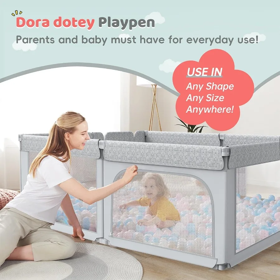 روضة أطفال مع بوابة، قلم لعب قابل للتعديل وقابل للطي، منطقة لعب سياج شديدة التحمل، روضة أطفال كبيرة (طباعة رمادية، 79 × 71 × 27 بوصة) #2