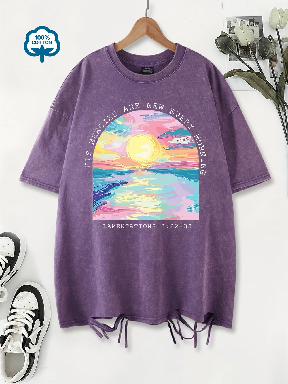 

Cotton Washed T-Shirt Women Oversize His Mercies Are New Every Morning Print T Shirt O-Neck Distressed Holes Tops Summer Clothes