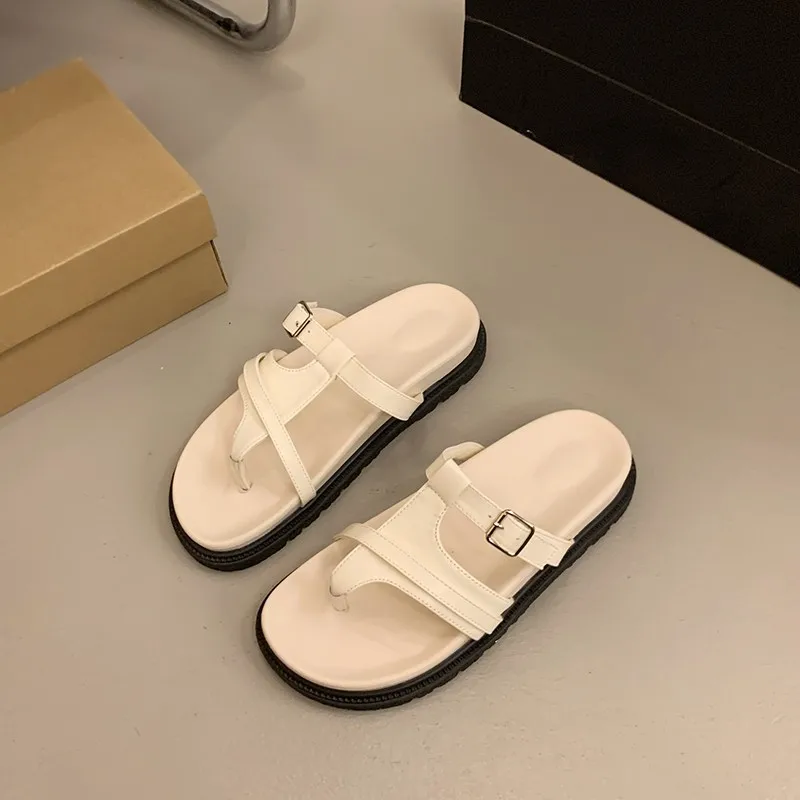 Summer Women Thong Flip Flops Slide Sandals Adjustable Buckle Platform Sole Non-Slip Daily Casual Beach Walking Shoes