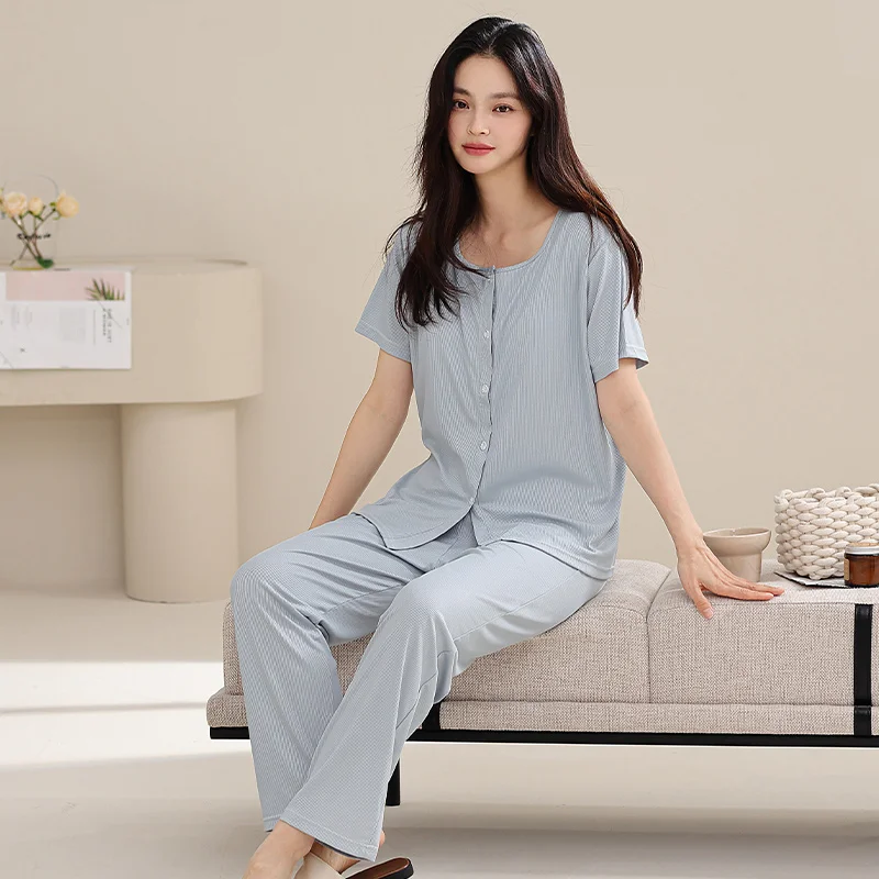 Summer Pajamas Set Women With Chest Pads Short Sleeve Tops + Long Pants Casual Tracksuit Female Sleepwear Cardigan Pijamas Mujer 5