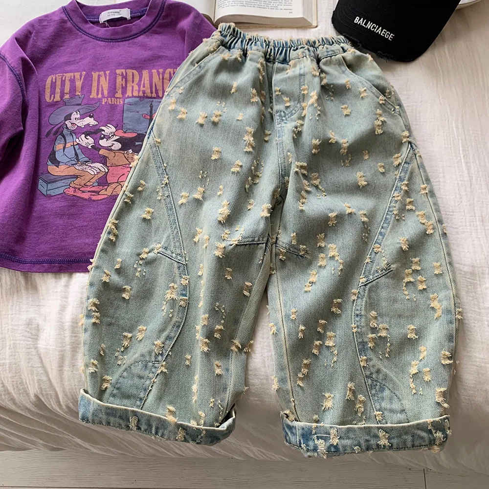 بنطلون جينز فضفاض بتصميم متعثر للأولاد والأطفال، شخصية عصرية ومريحة، كاجوال كورية متطابقة تمامًا