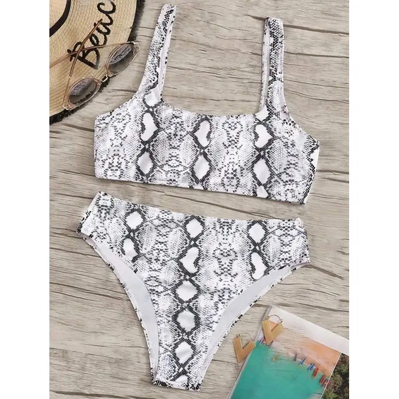 JEWELRY SEN Women Snake Print Spaghetti‑Strap Bikini Set 2‑Piece Square Neck High Waist Summer Beach Bathing Suit Swimwear