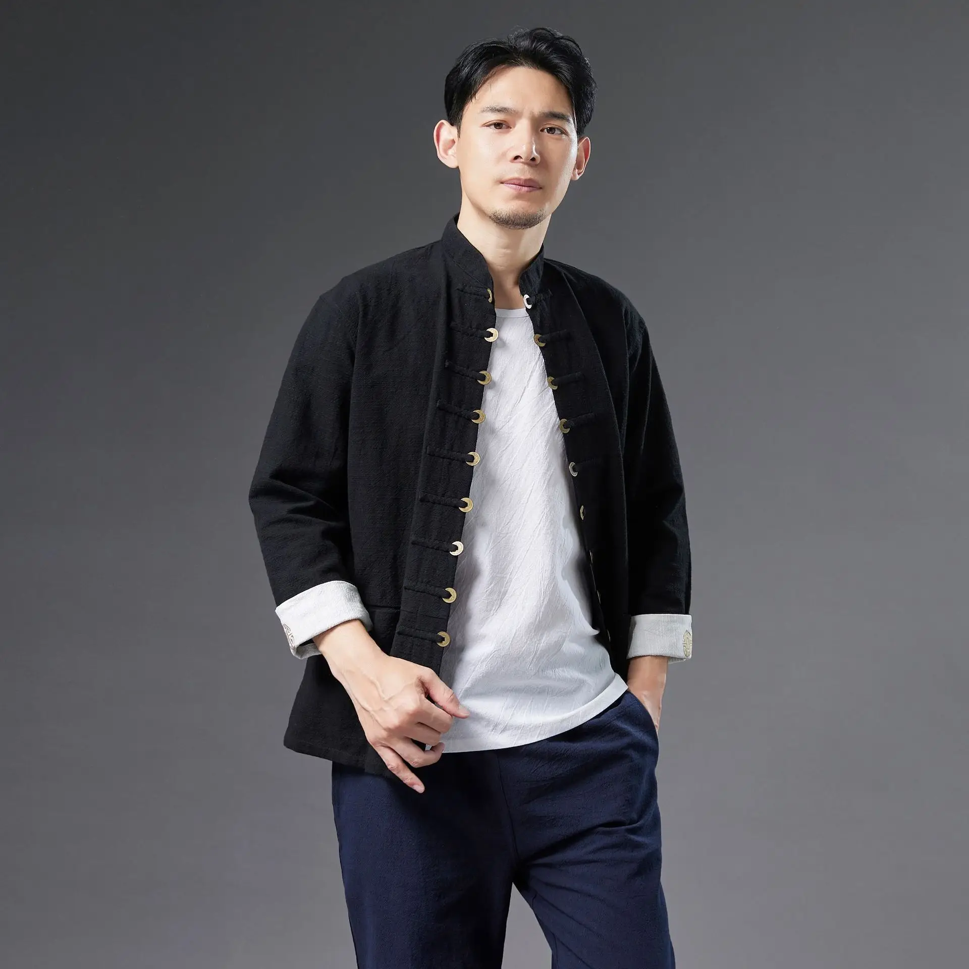 

Fall Men's Clothing National Fashion Pure Color Baibao Clothing Long Sleeve Ramie Embroidery Rollable Sleeves Casual Spot Green