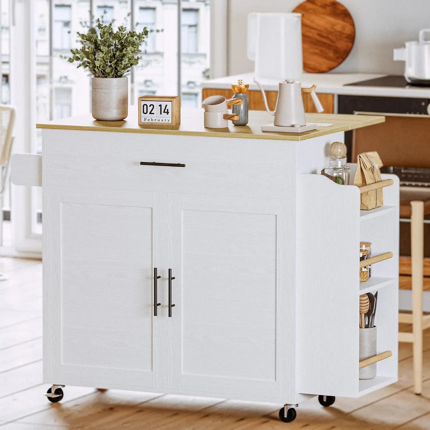 Kitchen Island with Storage, Rolling Kitchen Island on Wheels with Drop Leaf, 3 Open Spice Rack Shelf