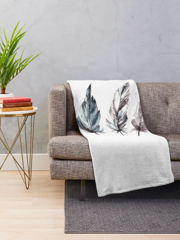 Watercolor monochrome bird feathers grey black color, real wings. Hand drawn sticker Throw Blanket Luxury Throw Summer Blankets