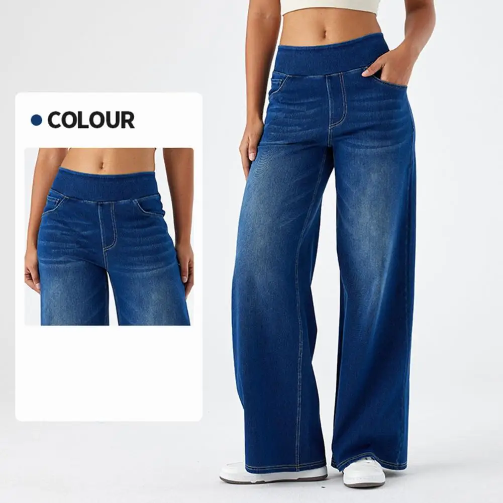 

4-pocket Wide Leg Denim Pants Women Jeans Wth Elastic High Waist Full Length Pants Straight Wide Leg Trousers Commuting Pants