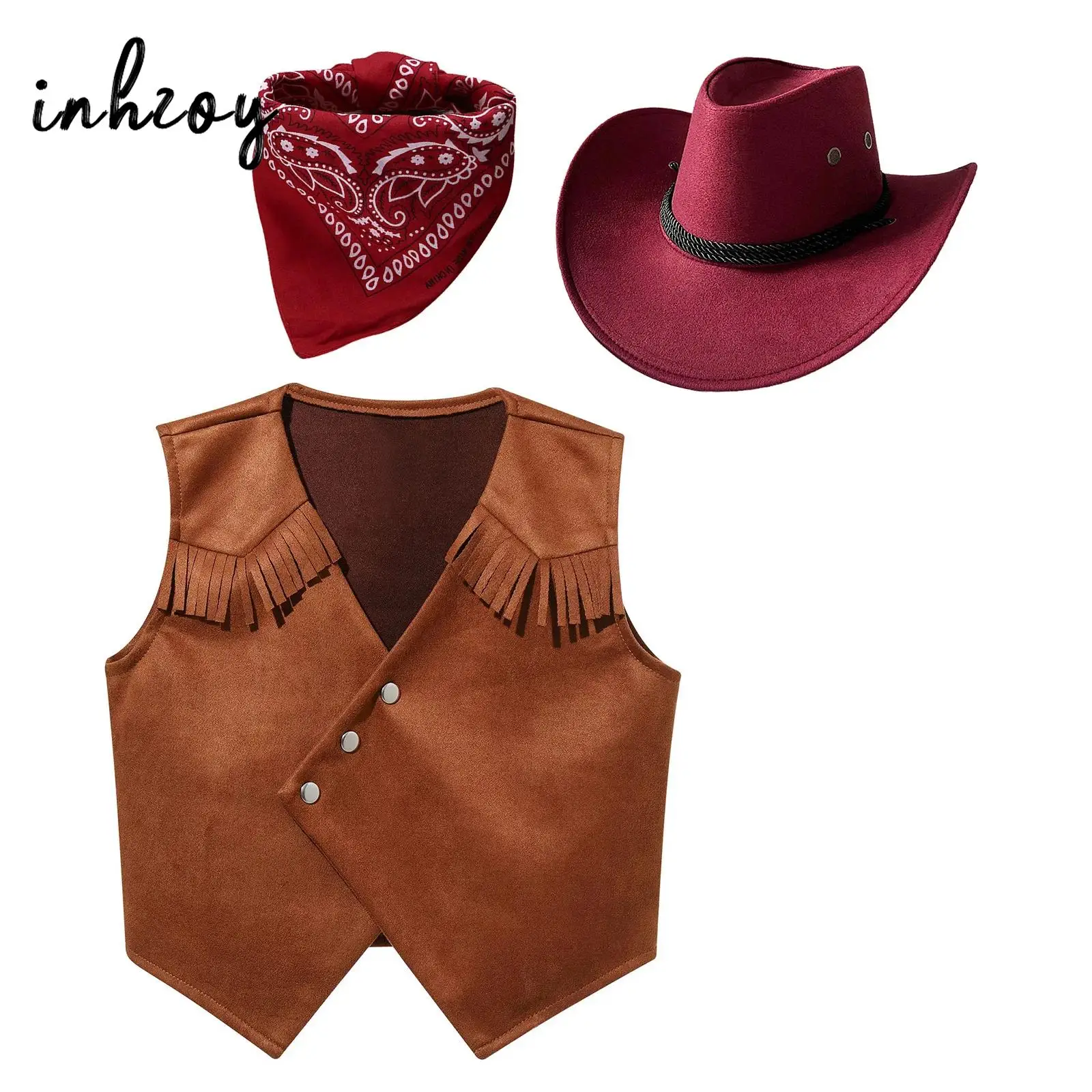 Western Rodeo Cowboy Costume for Girls Boys Vest with Cowboys Hat Bandanna Cowgirl Outfit West Party Carnival Role Play Dress Up