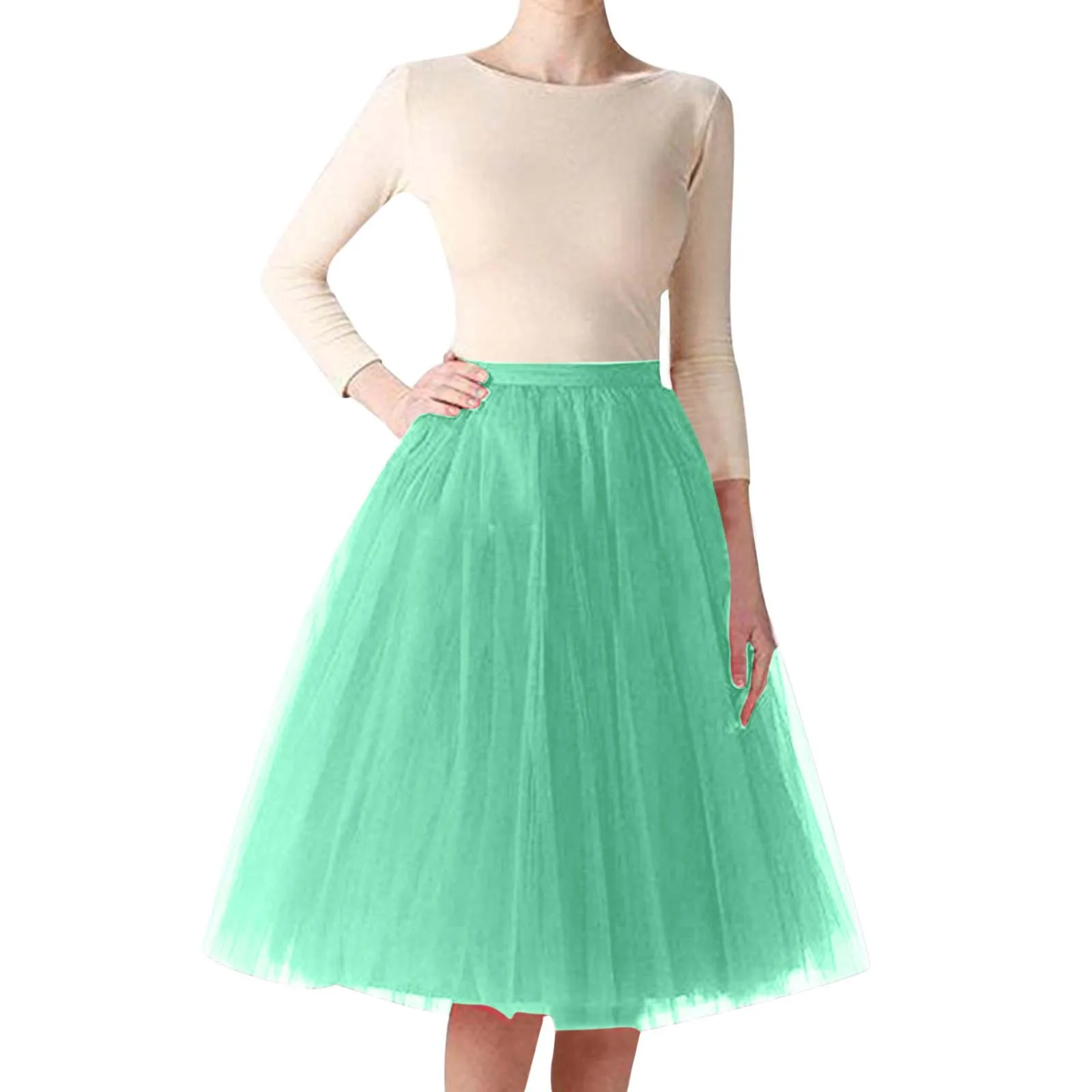 

Women's Solid Color Adult Dancing Skirt High Waist Knee Length Half Body Skirts For Female Mid Length Mesh Pleated Fluffy Skirt