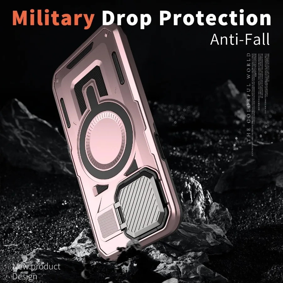 아이폰 15 프로 6.1인치용 마그네틱 폰 케이스 (카메라 커버 및 내장형 킥스탠드 포함, 군사 등급 보호 기능, 호환 가능)