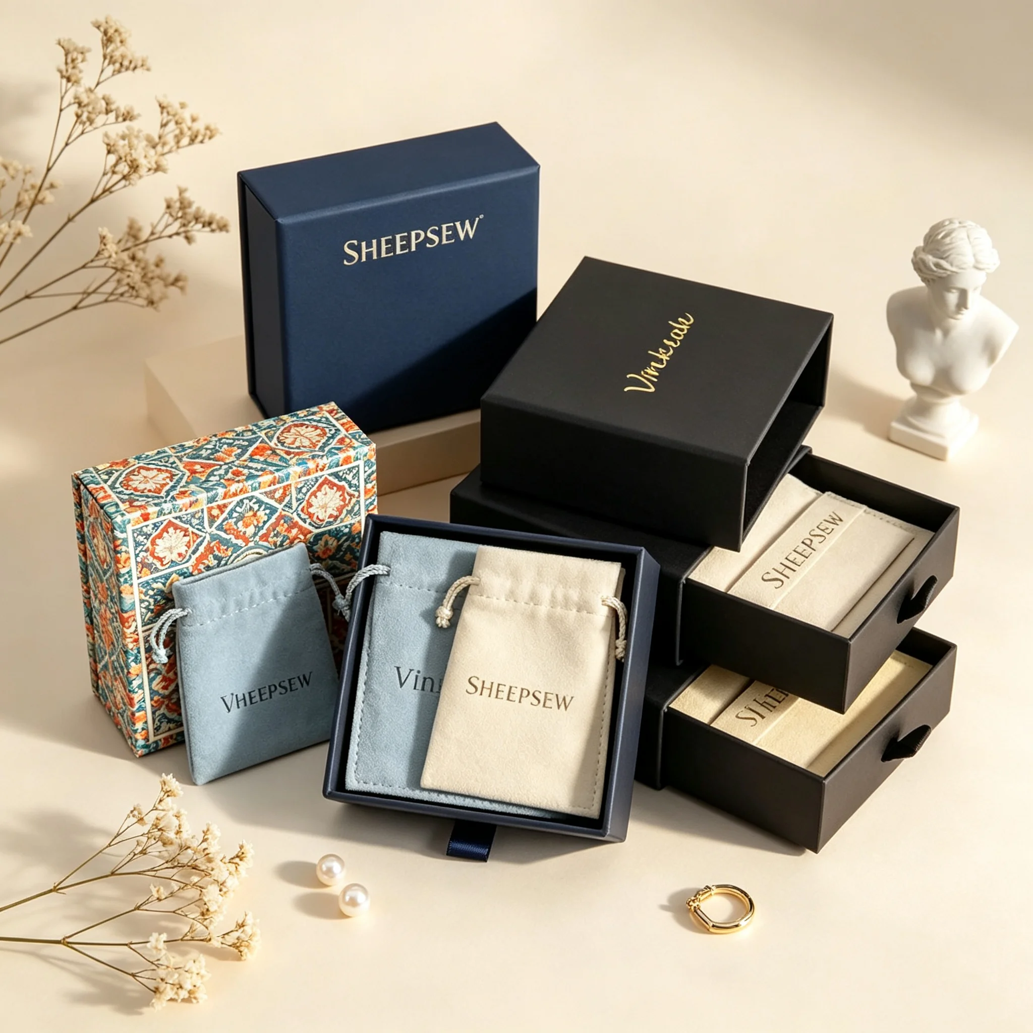 SHEEPSEW 100Pcs Custom Logo Mini Luxury Microfiber Pouch Paper Drawer Box For Necklace Earrings Ring Small Jewelry Gift Packagin