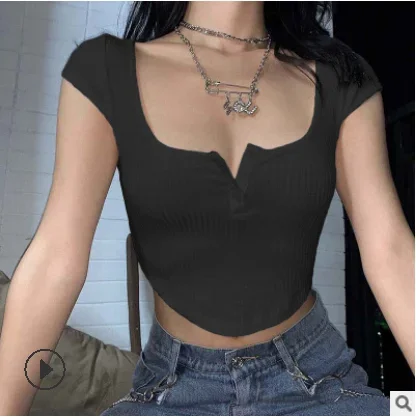 2024 Fashion Sexy Women Summer Fashion Short Sleeve U-neck Crop Top Fashion Buttons Solid Color Tops